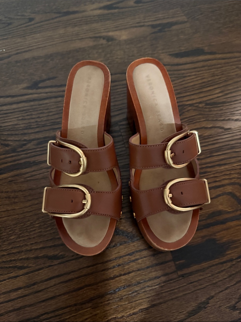 Veronica Beard Brown Leather Double-Buckle Slide Mules